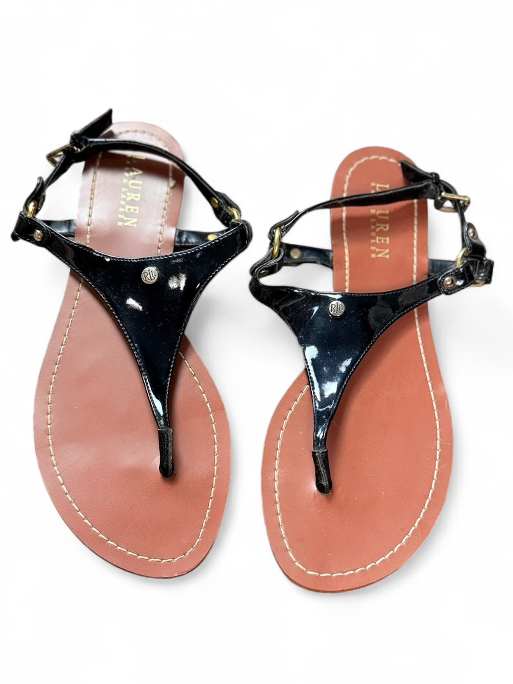Lauren Ralph Lauren Black Patent T-Strap Sandals with Tan Footbed